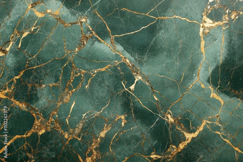A green and gold marble wall with cracks and grooves