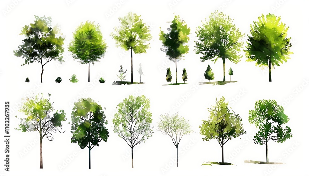 Fototapeta premium Collection of trees in winter isolated on white background. Vector illustration.