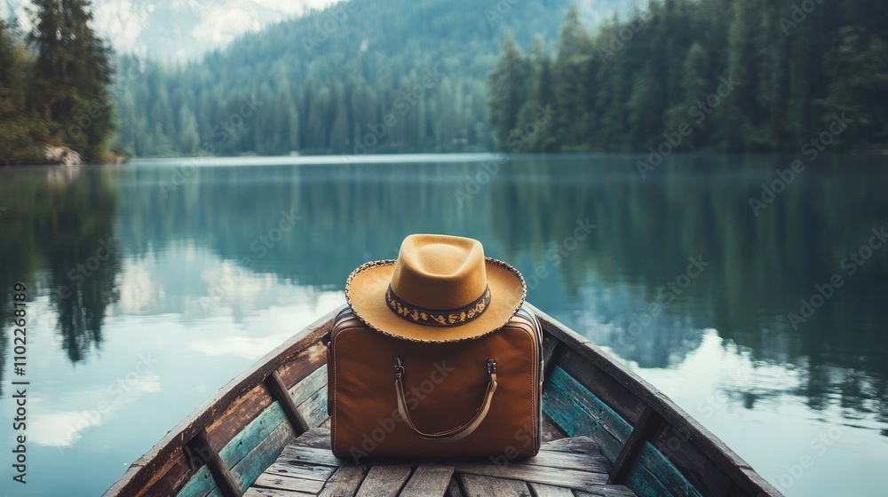 Obraz premium Vintage Suitcase and Hat on Boat in Serene Nature Landscape