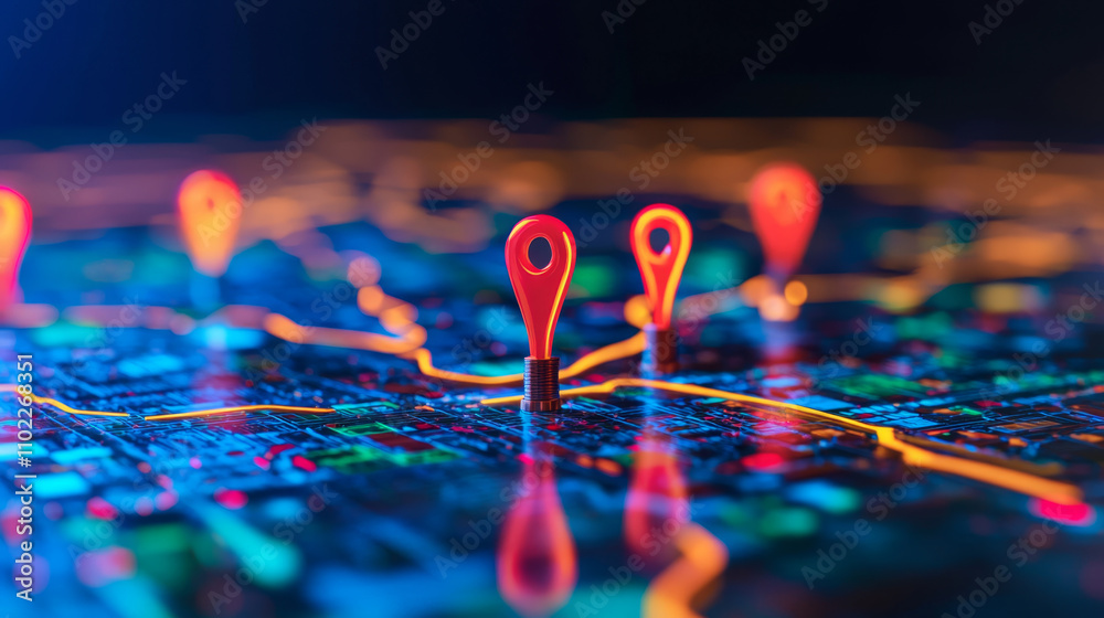 Digital map with illuminated location pins highlighting safe routes Digital map with illuminated location pins highlighting safe routes