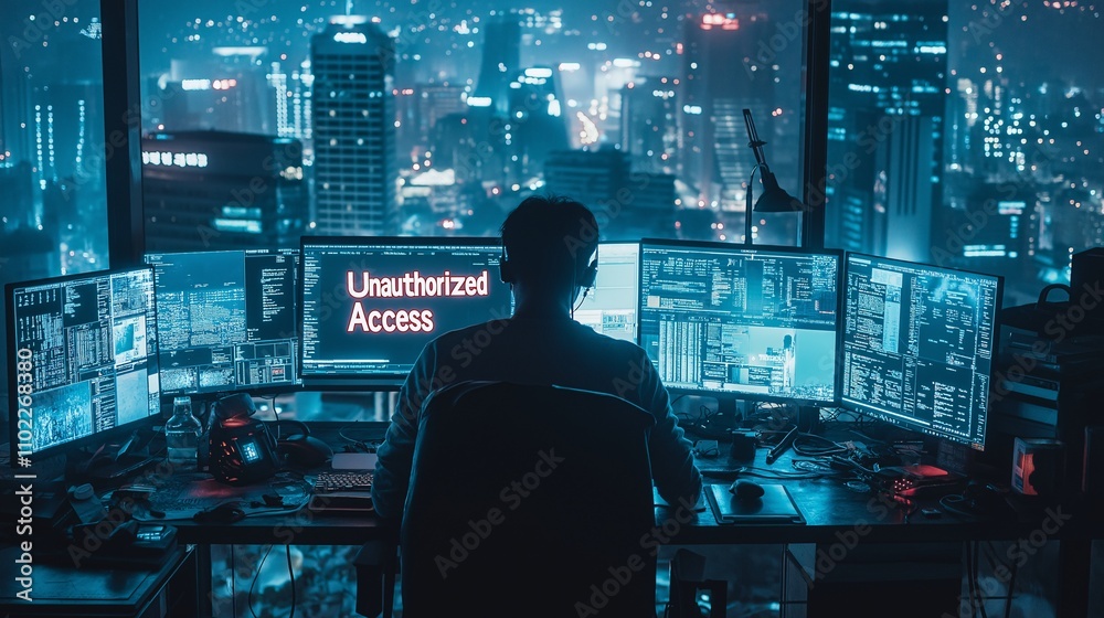 Cybersecurity: A lone hacker sits before multiple monitors, a cityscape ablaze with neon lights reflecting in the windows, while the words Cybersecurity: A lone hacker sits before multiple monitors, a cityscape ablaze with neon lights reflecting in the windows, while the words