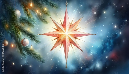 radiant christmas star painted with soft watercolor hues on starry sky background with copy space