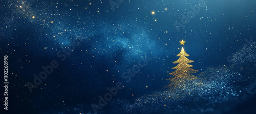 Starry night sky background with a golden Christmas tree in a blue color. Holiday greeting card
