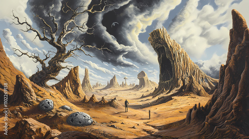 Explore a surrealistic landscape in oil painting style depicting a lone survivors journey. Phantasmagoric. Illustration