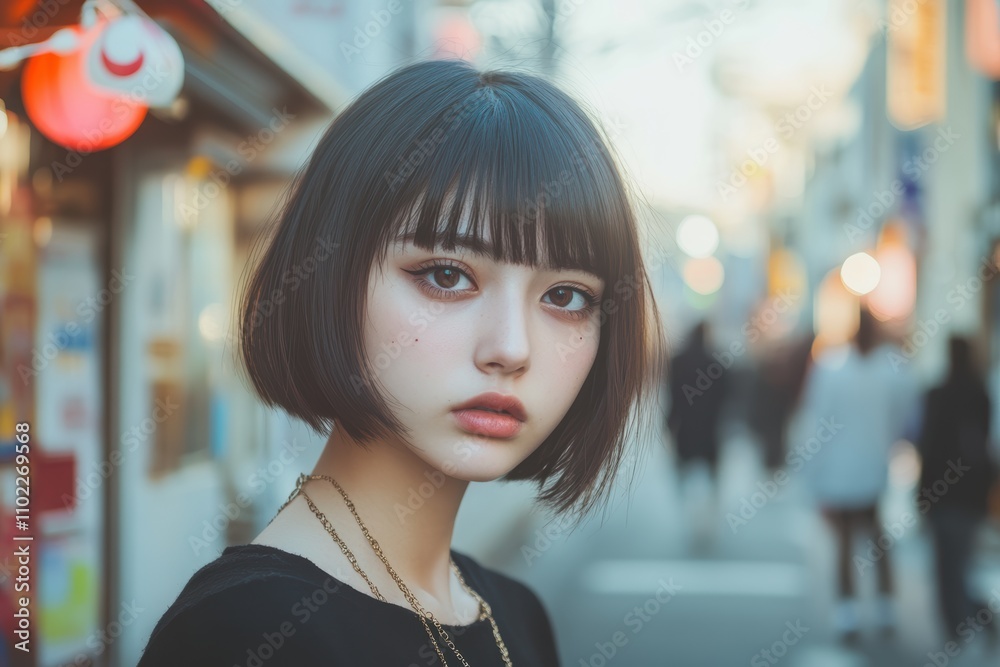 Fototapeta premium 都会の通りで立っている女性の表情とスタイルに焦点を当てた瞬間