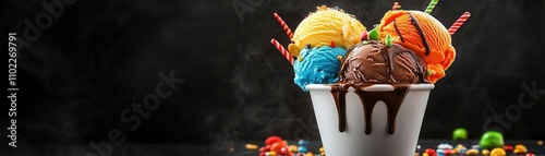 Neoncolored ice cream with dripping chocolate sauce on a solid black background, bold and delicious photo