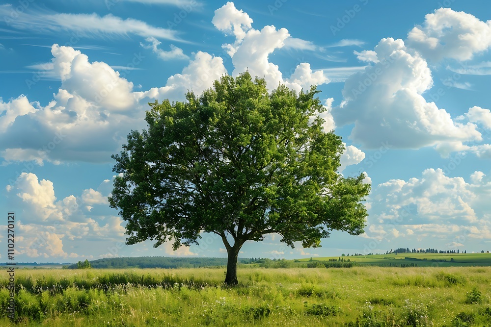 Obraz premium Lonely tree in the field on a background of blue sky