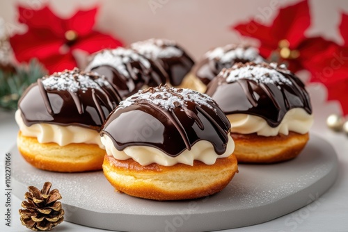 holiday treat display, delicious eclairs with chocolate glaze on a sleek kitchen counter beside lively poinsettias for a joyful setting photo