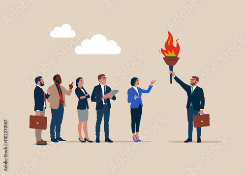 Businessman holding a torch baton pass to light the way for his team.  Achieve goal and win business competition. Modern vector illustration in flat style