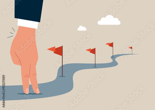 Hand and obstacles in business turns towards the point of success. Flat vector illustration