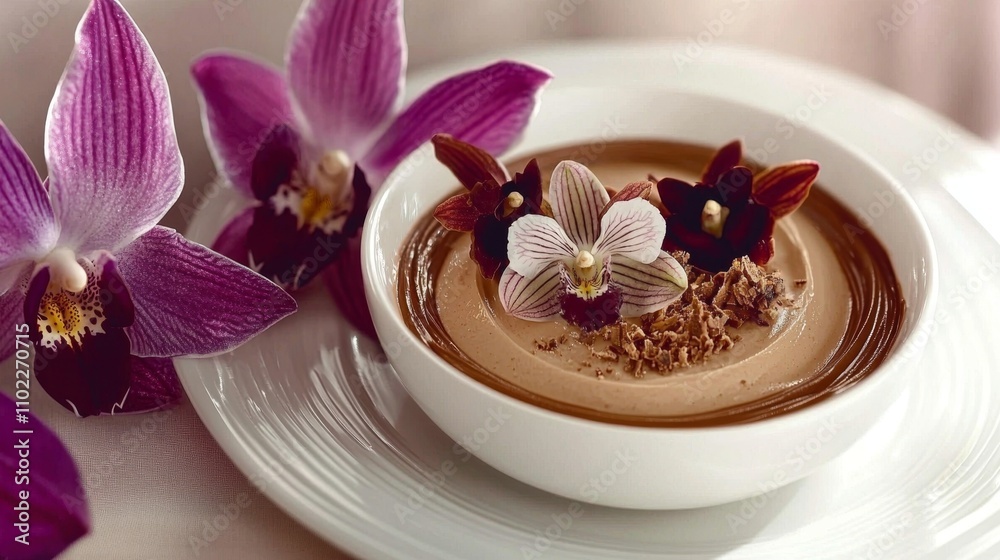 Elegant Chocolate Mousse in Floral Presentation Elegant Chocolate Mousse in Floral Presentation