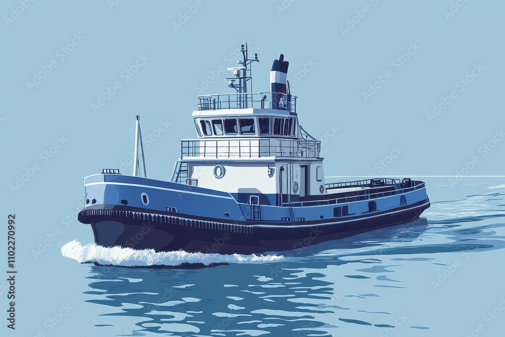 Tugboat cruising through calm waters during a clear day in a coastal area Tugboat cruising through calm waters during a clear day in a coastal area