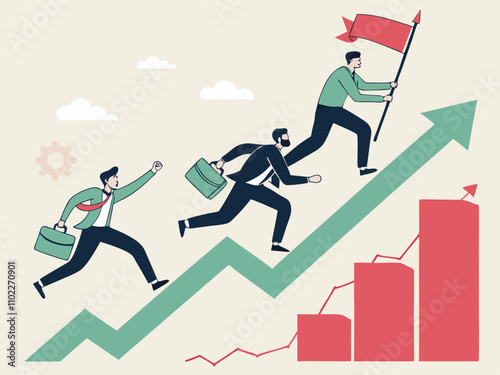 Determination and perseverance to meet challenges, milestones, step-by-step completion of tasks, business progress tracking and management, businessmen running around corners and reaching goals one by