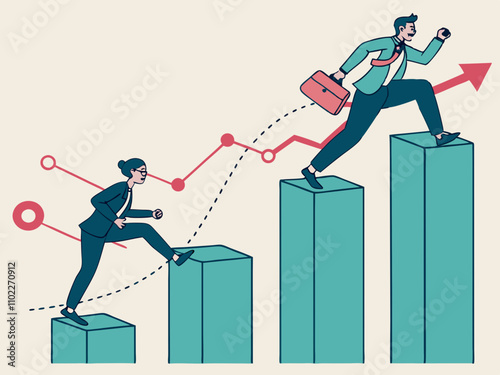 Determination and perseverance to meet challenges, milestones, step-by-step completion of tasks, business progress tracking and management, businessmen running around corners and reaching goals one by