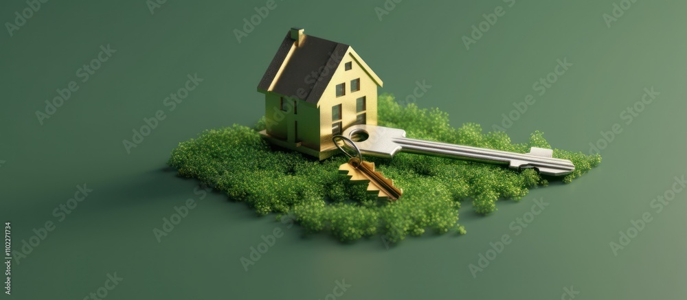 Naklejka premium A golden house model with keys on a bed of green grass.