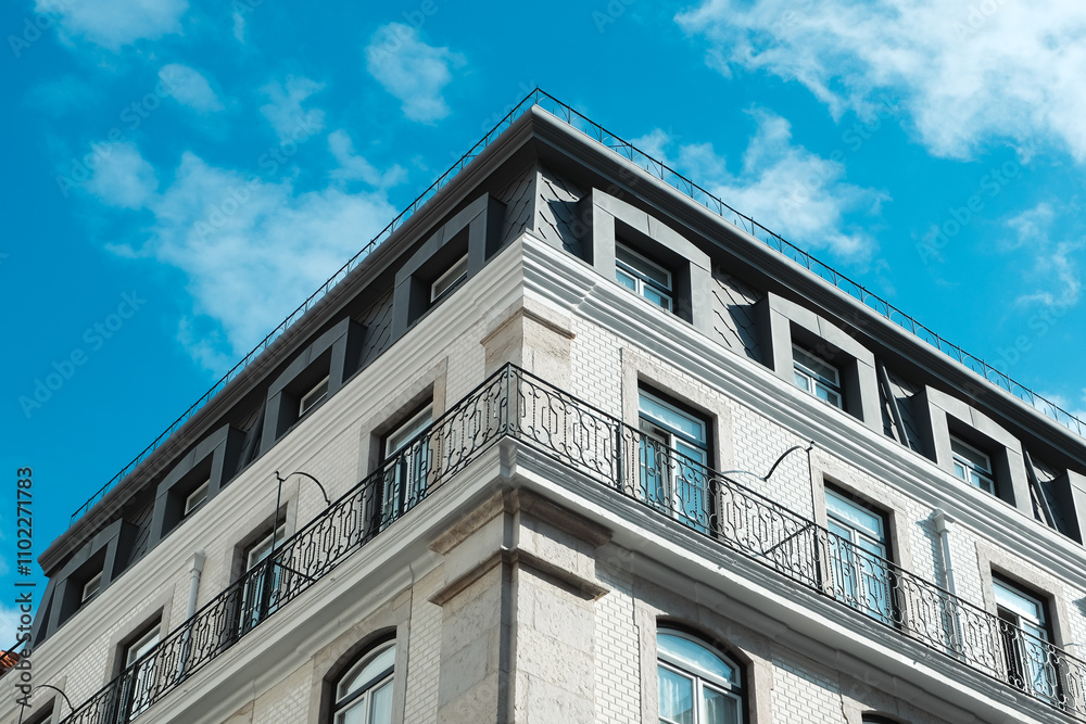 Facade of a typical building in the downtown city of Lisbon Portugal