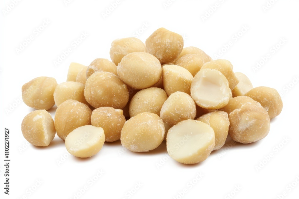 Macadamia Nuts Isolated on White Background. A Group of Healthy Brown Nuts Macadamia Nuts Isolated on White Background. A Group of Healthy Brown Nuts