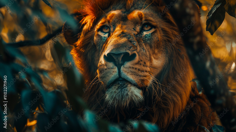 Close-up shot of a male lion in the jungle during the daytime. Close-up shot of a male lion in the jungle during the daytime.