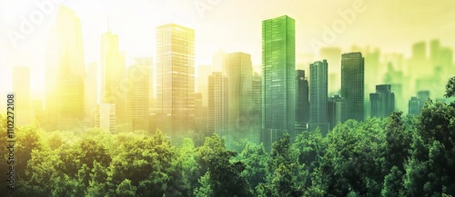 Eco-Friendly City Skyline at Sunrise: Futuristic Urban Landscape with Green Architecture. AI generated illustration