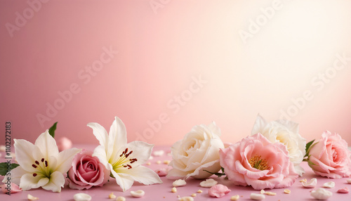 Wallpaper Mural White lilies and pink roses on gradient pink background with space for text Torontodigital.ca