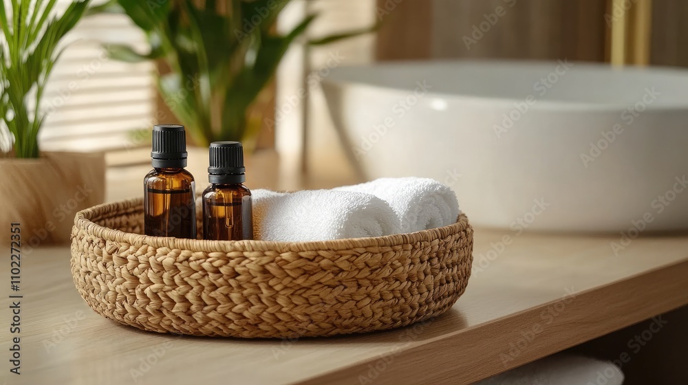 Aromatherapy Setup with Essential Oils and Soft Towels in Spa Space Aromatherapy Setup with Essential Oils and Soft Towels in Spa Space