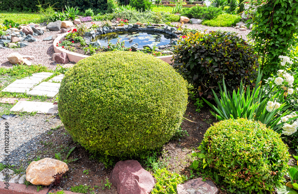 Decorative shrub and flower bed with ornamental plants and flowers in a garden Decorative shrub and flower bed with ornamental plants and flowers in a garden
