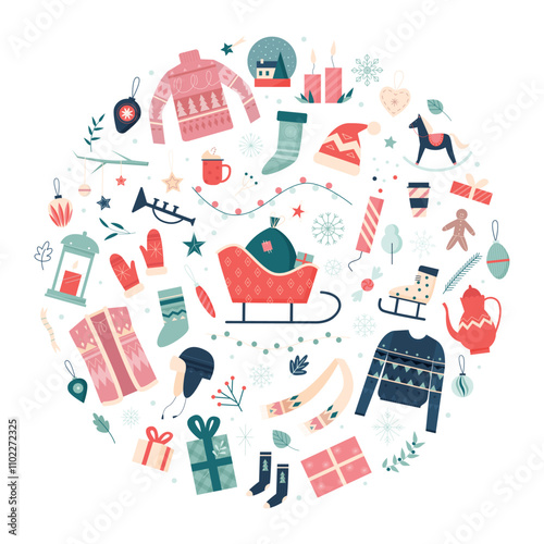 Round composition of festive Christmas elements, including sleigh, sweaters, gifts, and ornaments. Professional vector illustration for holiday and seasonal designs.