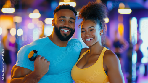 Cheerful Couple Posing in Gym Mirror Displaying Muscles Together photo