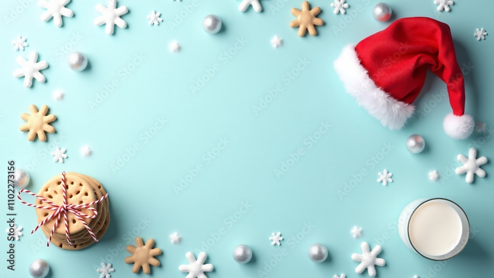 Playful Christmas setup featuring a red Santa hat, a stack of cookies with ribbon, a glass of milk, and decorative snowflakes on a pastel blue background. Playful Christmas setup featuring a red Santa hat, a stack of cookies with ribbon, a glass of milk, and decorative snowflakes on a pastel blue background.