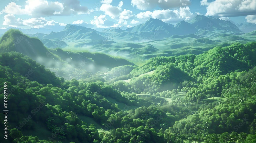 Obraz premium illustration of a mountain landscape and green forest