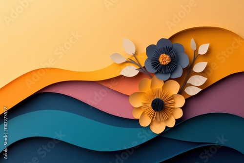 seasonal paper craft, a cheerful spring collage featuring paper cut flowers on a pastel backdrop, embodying a spirit of rejuvenation and growth photo