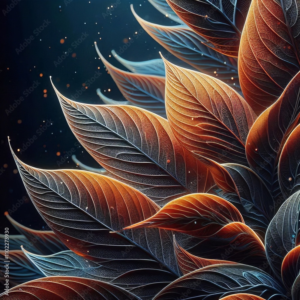 Obraz premium Vibrant orange and blue leaves with intricate patterns and swirls, creating a stunning and artistic visual display