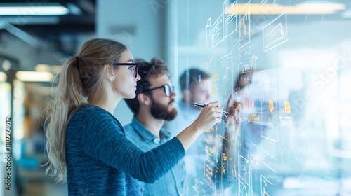 Business Team Brainstorming Ideas on Glass Wall in Modern Office