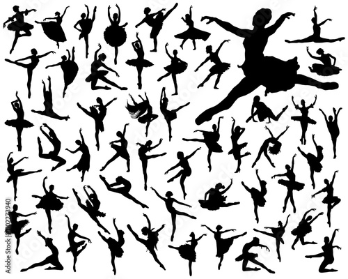 Black silhouettes of ballerinas  on a white background	
