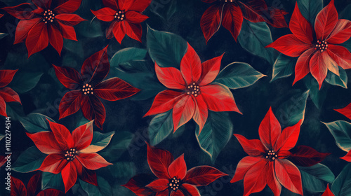 vibrant dark poinsettia floral pattern in impressionist style, ideal for festive season designs and Christmas decoration themes