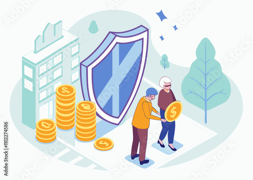 Pension Insurance, Wealth Protection and Insurance, Retirement and Savings Protection and Security, Isometrics Standing Behind the Shield A Bunch of Merchants and Retirees with Gold Coins stock illust
