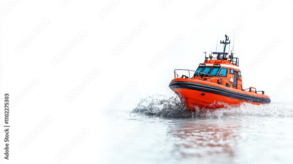 Naklejka premium Orange rescue boat cutting through water