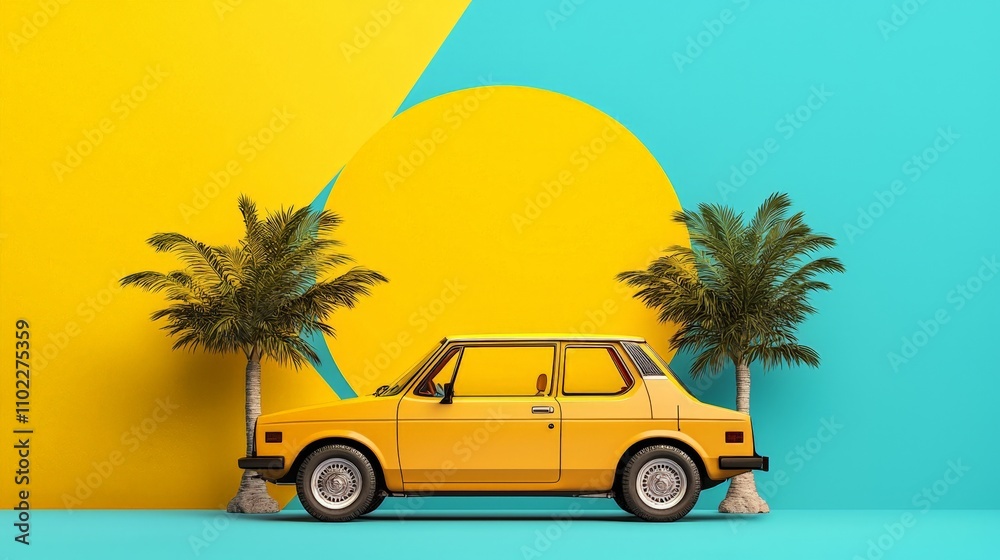 Retro summer vibes yellow car and palm trees. Retro summer vibes yellow car and palm trees.