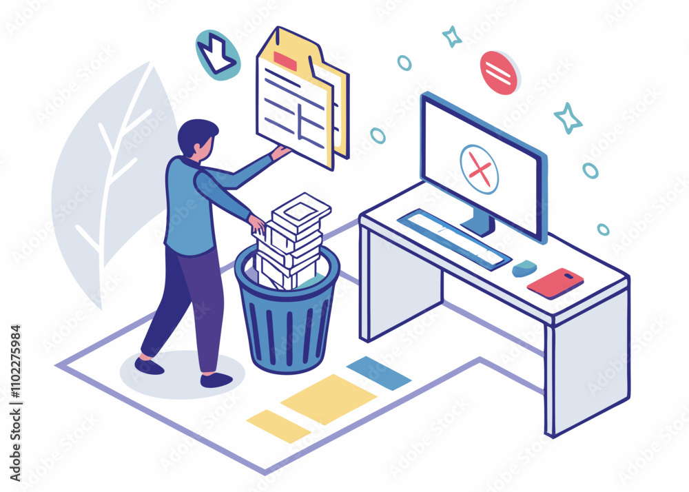 Organize computer files, clean up and delete junk files, improve work efficiency, reduce workload, isometric businessman to throw the junk files on the computer into the waste basket inside stock illu Organize computer files, clean up and delete junk files, improve work efficiency, reduce workload, isometric businessman to throw the junk files on the computer into the waste basket inside stock illu