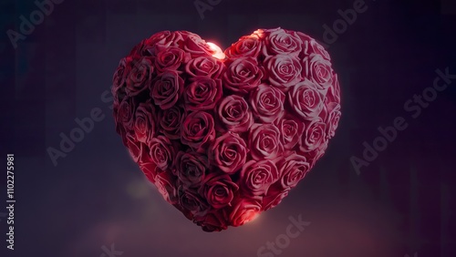 A heart made of red roses floating in the air