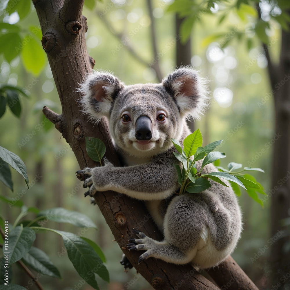 Fototapeta premium Adorable koala hugging a tree branch in lush green forest
