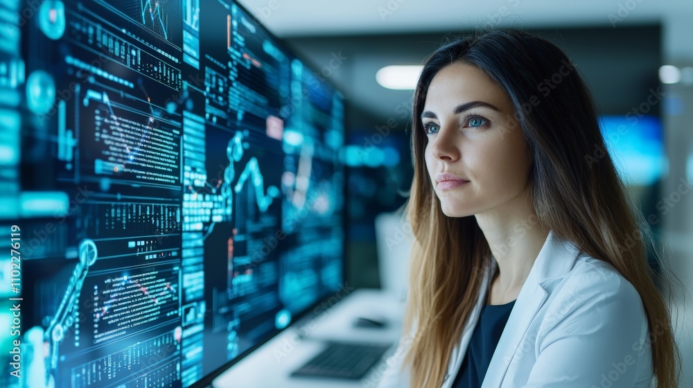 Woman analyzing data on multiple screens Woman analyzing data on multiple screens