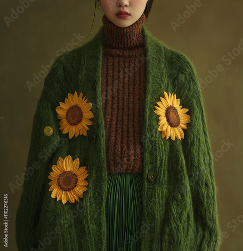 fashionable woman in oversized emerald green knit cardigan with sunflower appliques layered over a chocolate brown turtleneck against a subtle backdrop photo