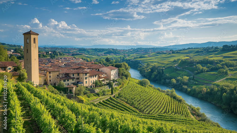Naklejka premium Weinberge und malerische Stadt am Fluss in sonniger Landschaft