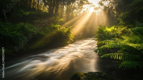 Serene river flowing through a lush forest.