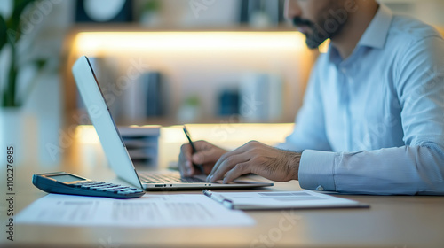 Accountant Analyzing Invoice at Modern Desk in Professional Office