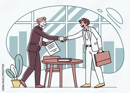 Signing of a contract, business partnership or transaction, business investment or insurance security agreement, two businessmen standing next to a signed contract and shaking hands stock illustration