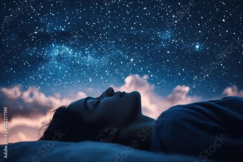 A person drifting into slumber under a sky full of stars