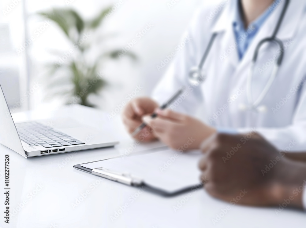The doctor is wraiting at the medical form while sitting in front of the patient on the desk, in a close-up shot. The doctor is wraiting at the medical form while sitting in front of the patient on the desk, in a close-up shot.