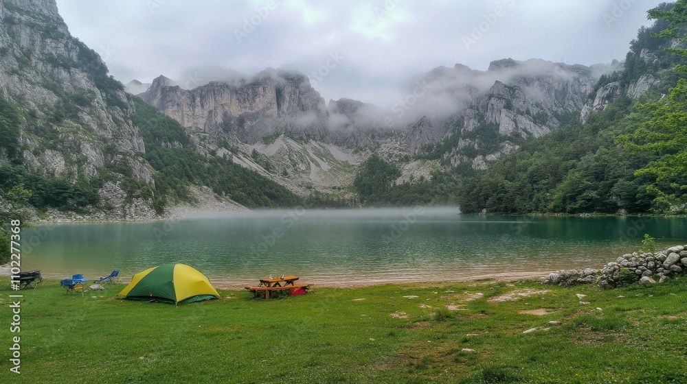 Serene Camping Escape in the Majestic Mountain Lake Landscape Serene Camping Escape in the Majestic Mountain Lake Landscape